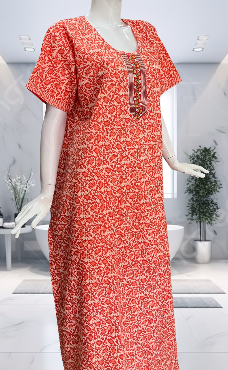Peach Leafy Pure Cotton Nighty. Pure Durable Cotton | Laces and Frills