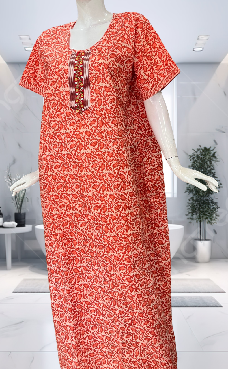 Peach Leafy Pure Cotton Nighty. Pure Durable Cotton | Laces and Frills