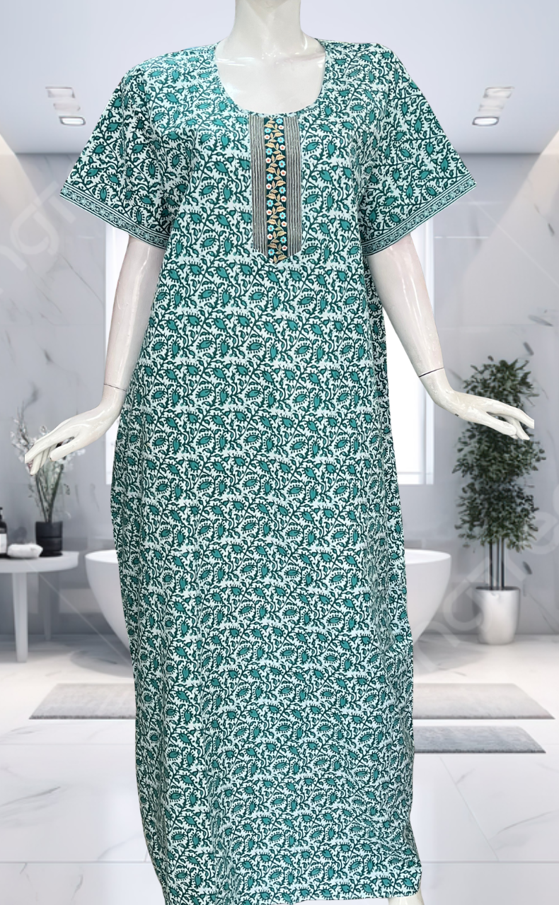 Sea Green Leafy Pure Cotton Nighty. Pure Durable Cotton | Laces and Frills