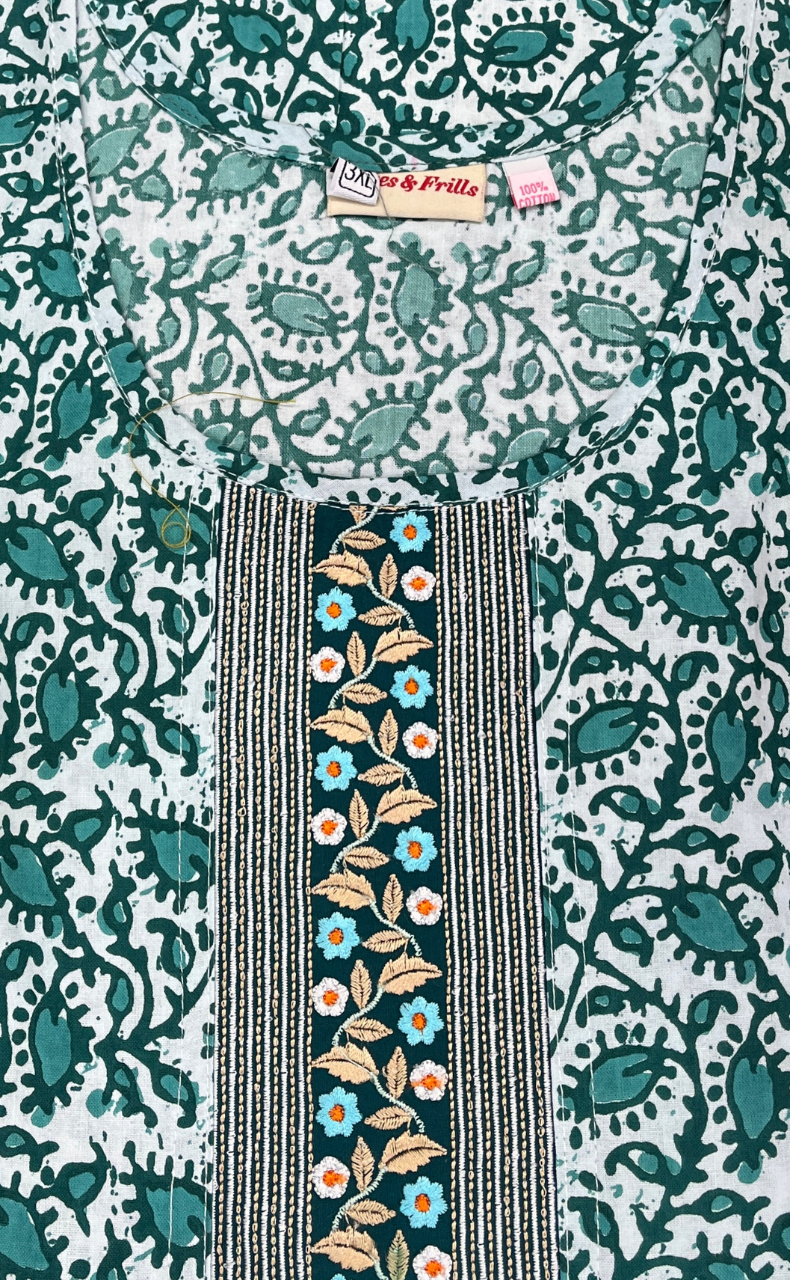 Sea Green Leafy Pure Cotton Nighty. Pure Durable Cotton | Laces and Frills