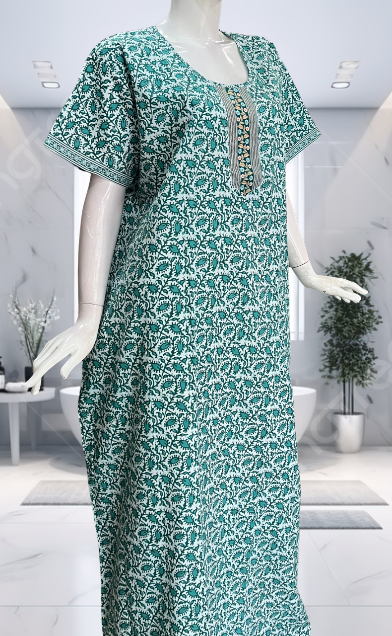 Sea Green Leafy Pure Cotton Nighty. Pure Durable Cotton | Laces and Frills
