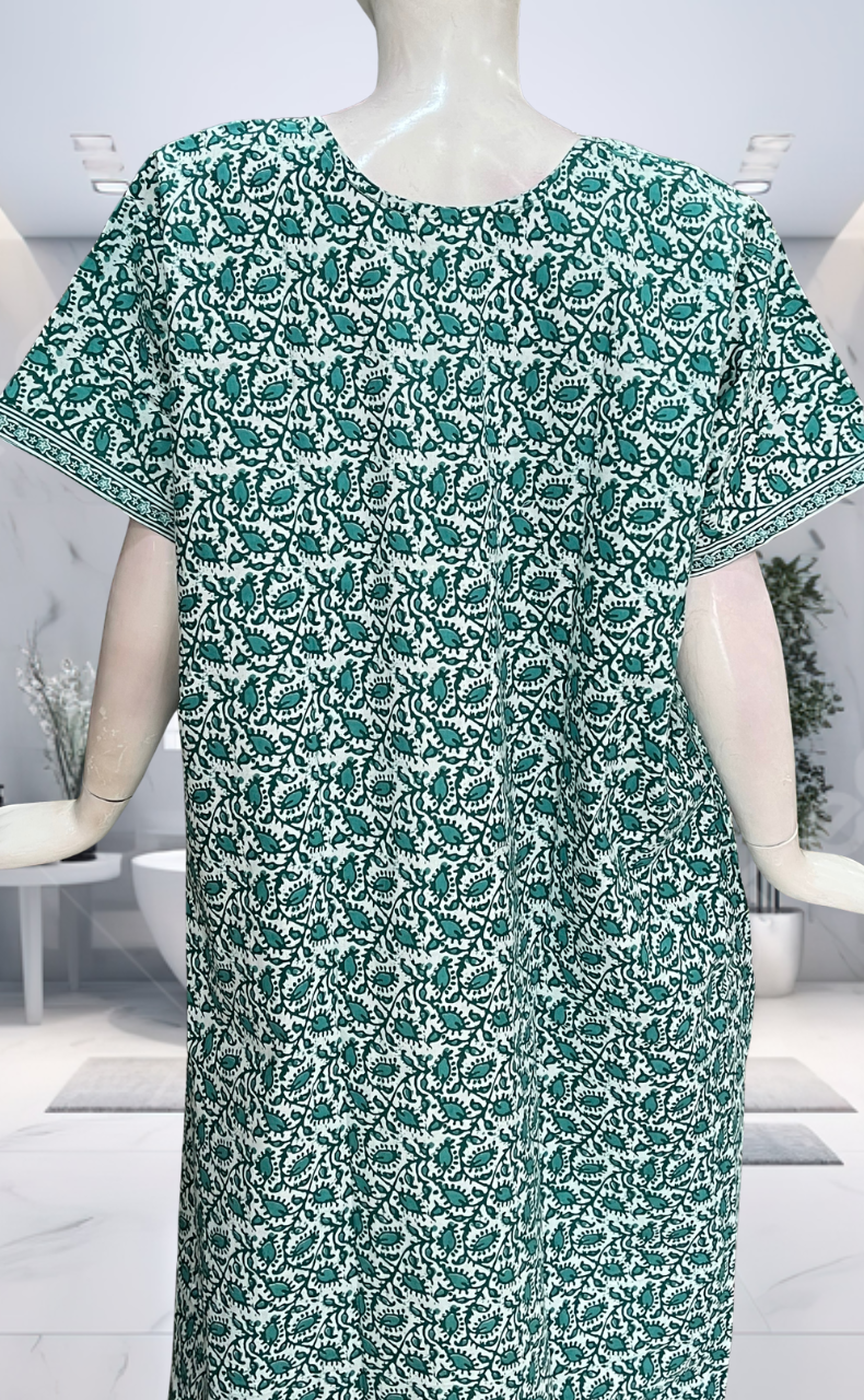 Sea Green Leafy Pure Cotton Nighty. Pure Durable Cotton | Laces and Frills