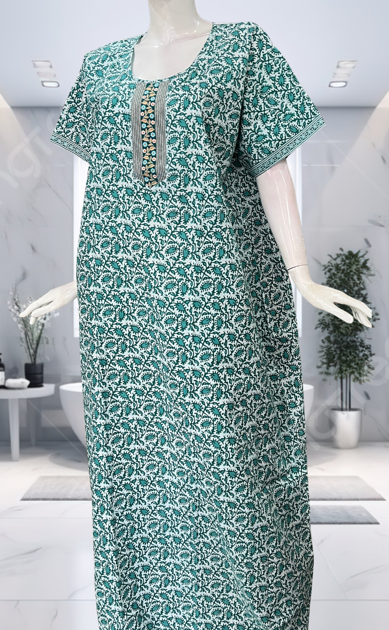 Sea Green Leafy Pure Cotton Nighty. Pure Durable Cotton | Laces and Frills