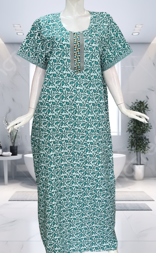 Sea Green Leafy Pure Cotton Nighty. Pure Durable Cotton | Laces and Frills - Laces and Frills