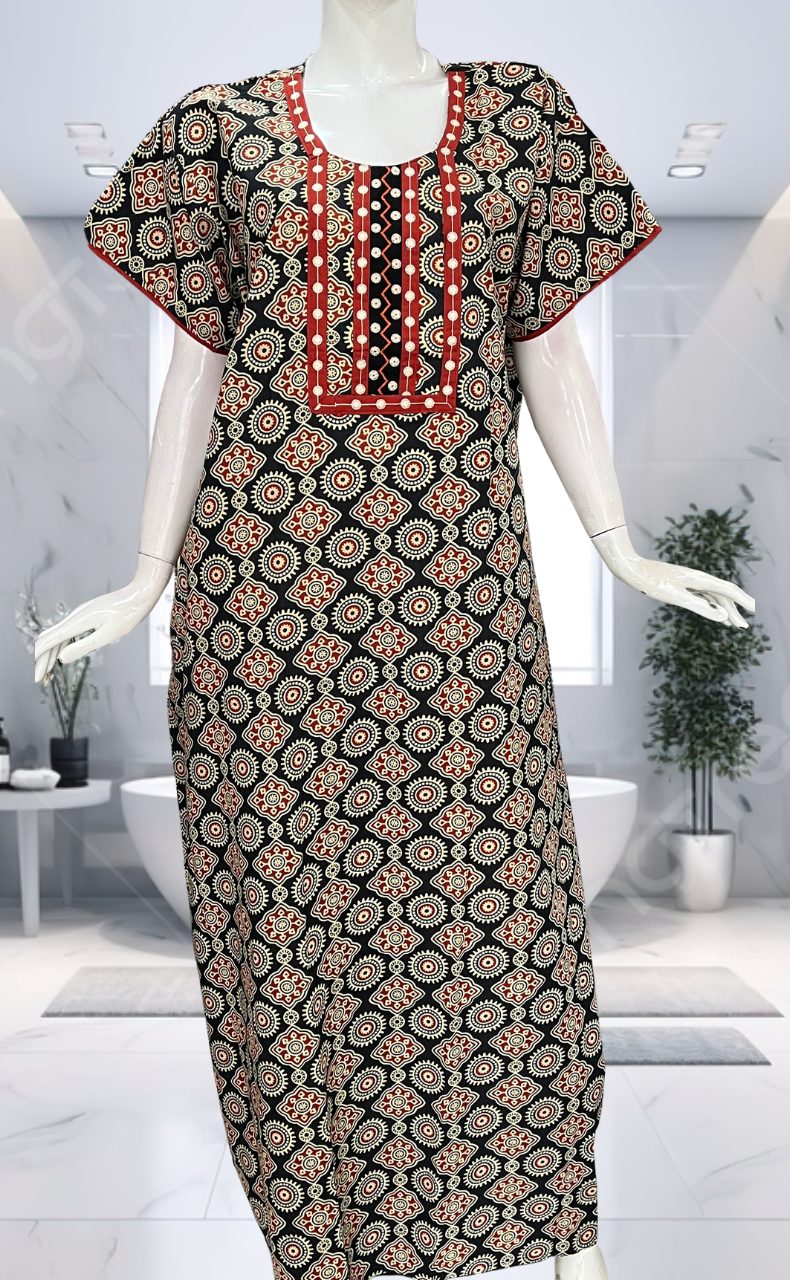 Black Ajrakh Pure Cotton Nighty. Pure Durable Cotton | Laces and Frills - Laces and Frills
