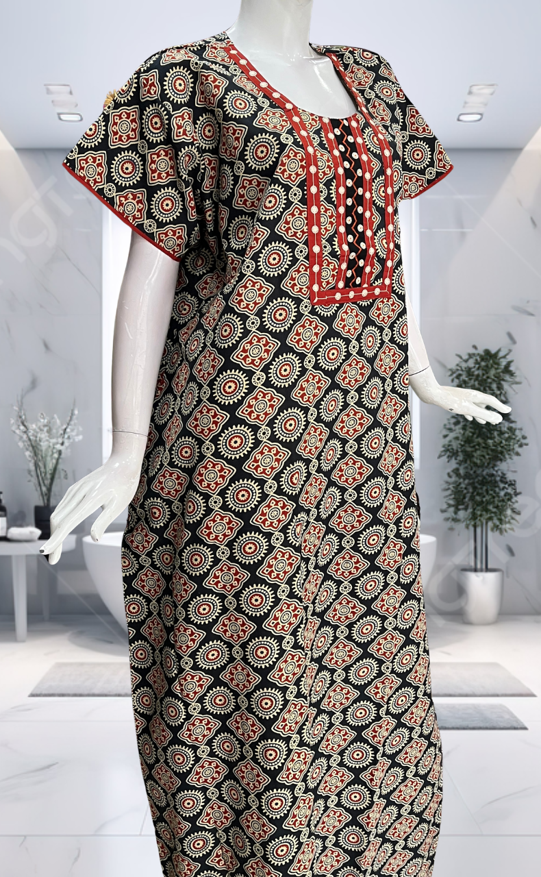 Black Ajrakh Pure Cotton Nighty. Pure Durable Cotton | Laces and Frills - Laces and Frills
