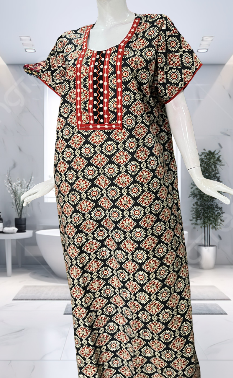Black Ajrakh Pure Cotton Nighty. Pure Durable Cotton | Laces and Frills - Laces and Frills
