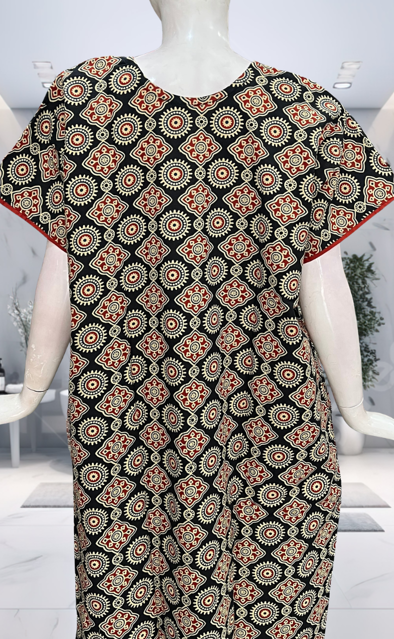 Black Ajrakh Pure Cotton Nighty. Pure Durable Cotton | Laces and Frills - Laces and Frills