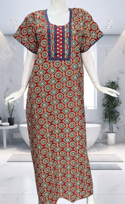 Maroon Ajrakh Pure Cotton Nighty. Pure Durable Cotton | Laces and Frills - Laces and Frills