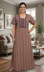 Maroon Ajrakh Pure Cotton Nighty. Pure Durable Cotton | Laces and Frills - Laces and Frills