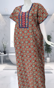 Maroon Ajrakh Pure Cotton Nighty. Pure Durable Cotton | Laces and Frills - Laces and Frills