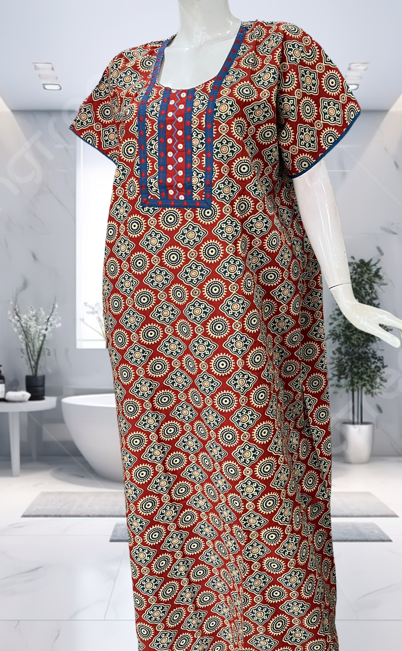 Maroon Ajrakh Pure Cotton Nighty. Pure Durable Cotton | Laces and Frills - Laces and Frills