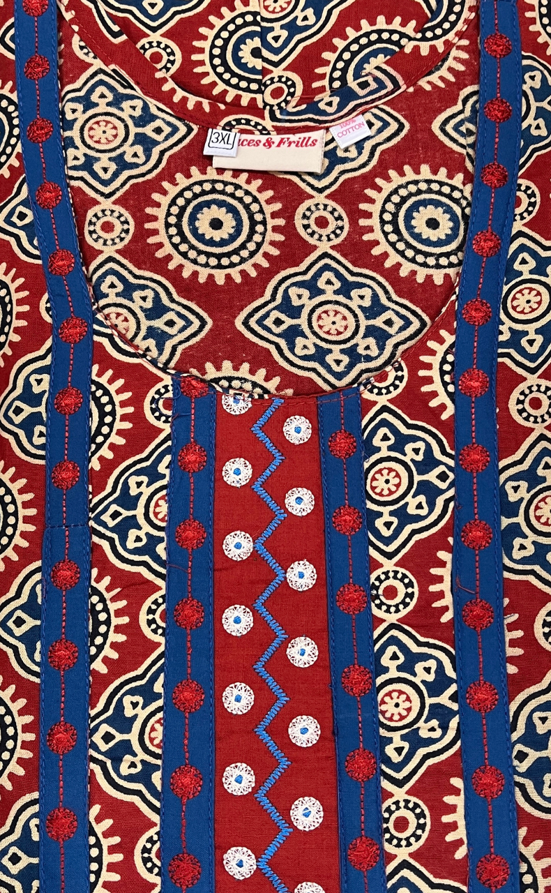 Maroon Ajrakh Pure Cotton Nighty. Pure Durable Cotton | Laces and Frills - Laces and Frills