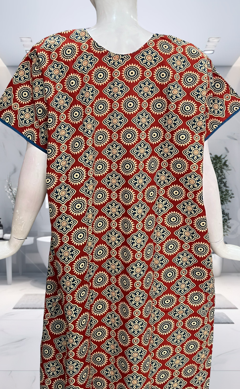 Maroon Ajrakh Pure Cotton Nighty. Pure Durable Cotton | Laces and Frills - Laces and Frills