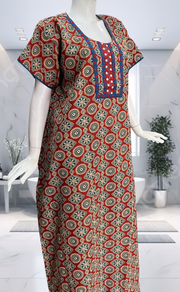 Maroon Ajrakh Pure Cotton Nighty. Pure Durable Cotton | Laces and Frills - Laces and Frills