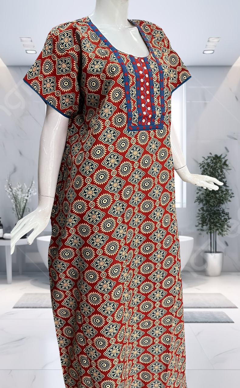 Maroon Ajrakh Pure Cotton Nighty. Pure Durable Cotton | Laces and Frills - Laces and Frills