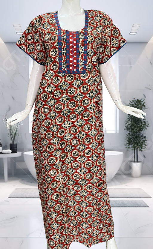 Maroon Ajrakh Pure Cotton Nighty. Pure Durable Cotton | Laces and Frills - Laces and Frills