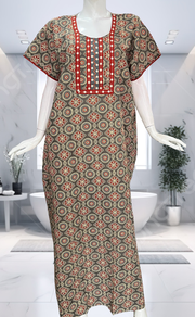 Beige Ajrakh Pure Cotton Nighty. Pure Durable Cotton | Laces and Frills - Laces and Frills