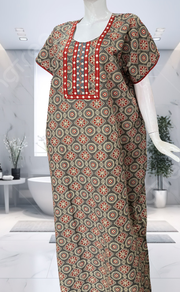 Beige Ajrakh Pure Cotton Nighty. Pure Durable Cotton | Laces and Frills - Laces and Frills