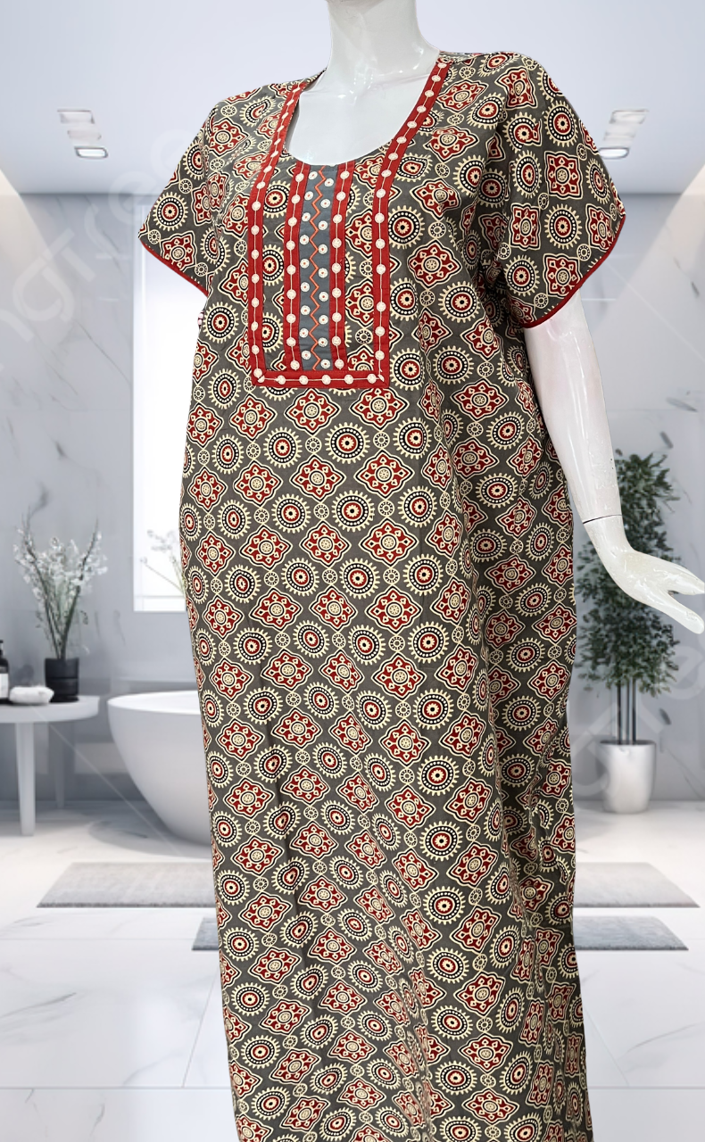 Beige Ajrakh Pure Cotton Nighty. Pure Durable Cotton | Laces and Frills - Laces and Frills