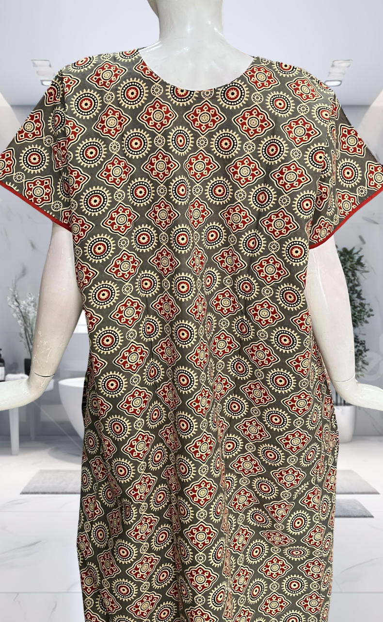 Beige Ajrakh Pure Cotton Nighty. Pure Durable Cotton | Laces and Frills - Laces and Frills