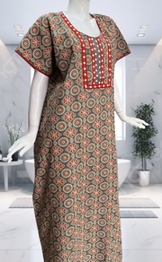 Beige Ajrakh Pure Cotton Nighty. Pure Durable Cotton | Laces and Frills - Laces and Frills