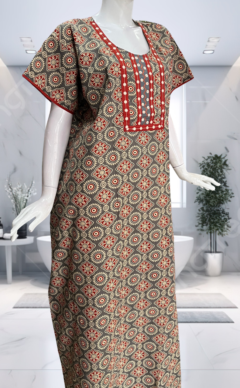 Beige Ajrakh Pure Cotton Nighty. Pure Durable Cotton | Laces and Frills - Laces and Frills