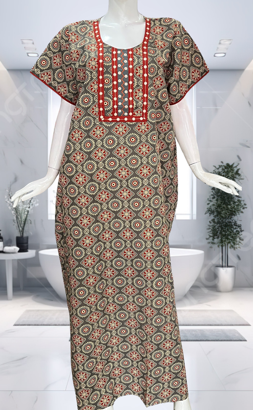 Beige Ajrakh Pure Cotton Nighty. Pure Durable Cotton | Laces and Frills - Laces and Frills