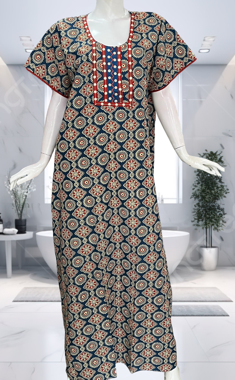 Blue Ajrakh Pure Cotton Nighty. Pure Durable Cotton | Laces and Frills - Laces and Frills