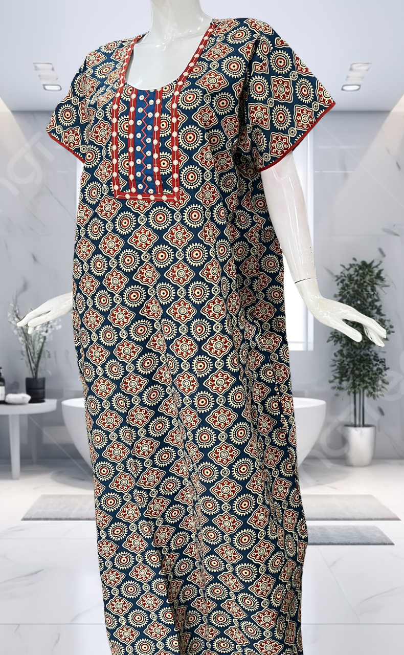 Blue Ajrakh Pure Cotton Nighty. Pure Durable Cotton | Laces and Frills - Laces and Frills