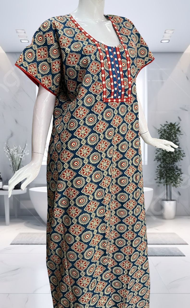 Blue Ajrakh Pure Cotton Nighty. Pure Durable Cotton | Laces and Frills - Laces and Frills