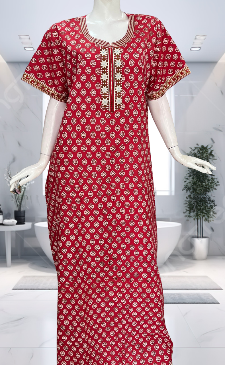 Red Tiny Flora Pure Cotton Nighty. Pure Durable Cotton | Laces and Frills