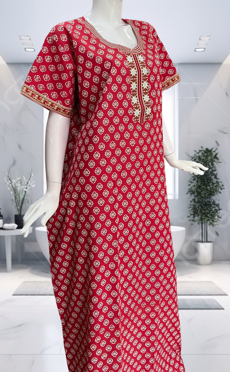 Red Tiny Flora Pure Cotton Nighty. Pure Durable Cotton | Laces and Frills