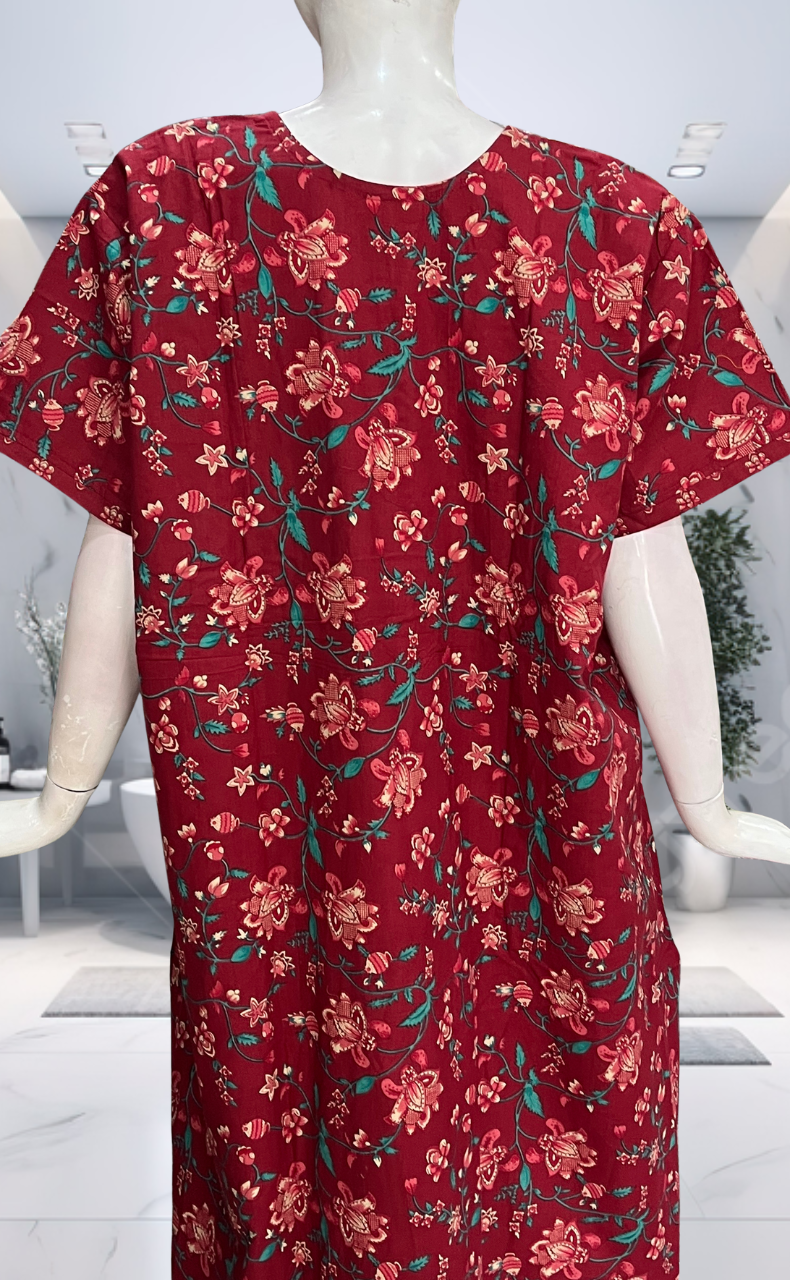 Maroon Tiny Flora Pure Cotton Nighty. Pure Durable Cotton | Laces and Frills - Laces and Frills
