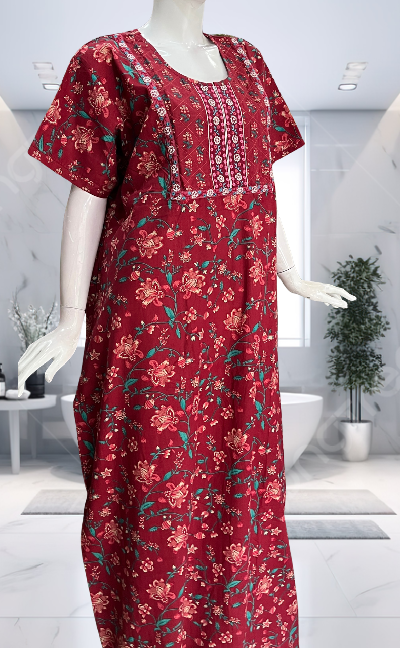 Maroon Tiny Flora Pure Cotton Nighty. Pure Durable Cotton | Laces and Frills - Laces and Frills