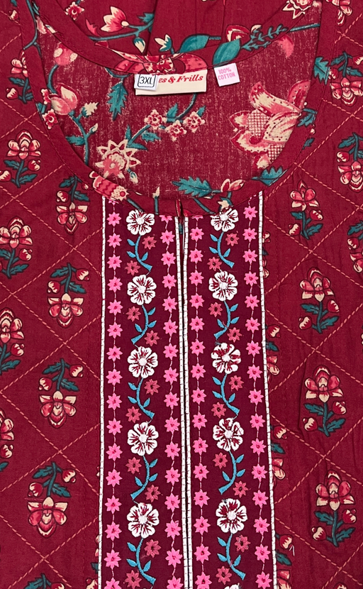 Maroon Tiny Flora Pure Cotton Nighty. Pure Durable Cotton | Laces and Frills - Laces and Frills
