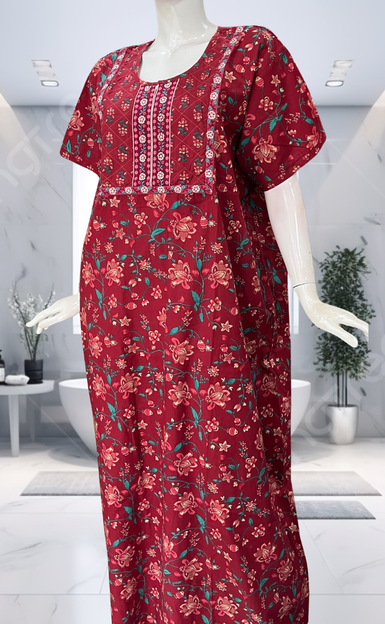 Maroon Tiny Flora Pure Cotton Nighty. Pure Durable Cotton | Laces and Frills - Laces and Frills