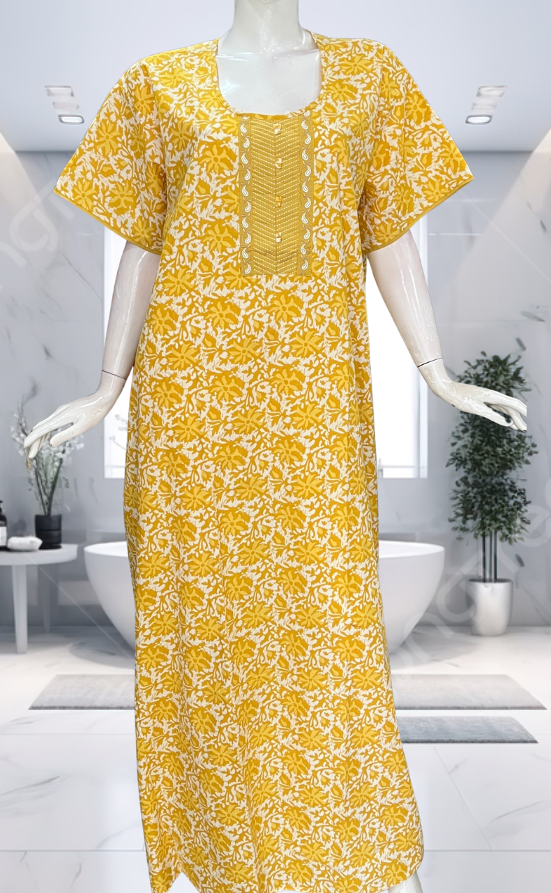Yellow Garden Pure Cotton Nighty. Pure Durable Cotton | Laces and Frills
