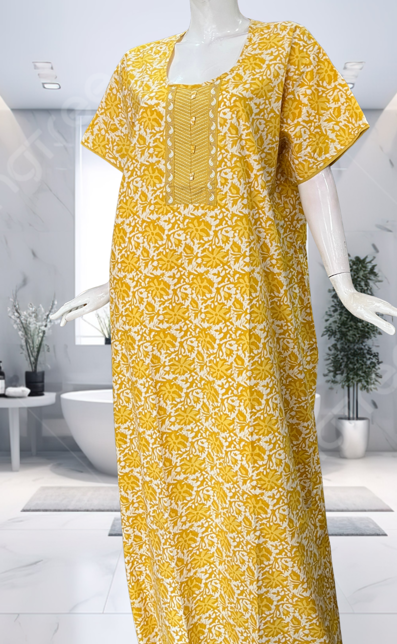 Yellow Garden Pure Cotton Nighty. Pure Durable Cotton | Laces and Frills