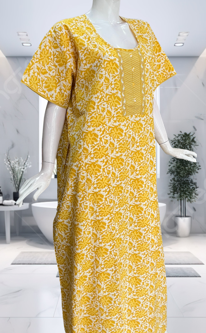 Yellow Garden Pure Cotton Nighty. Pure Durable Cotton | Laces and Frills