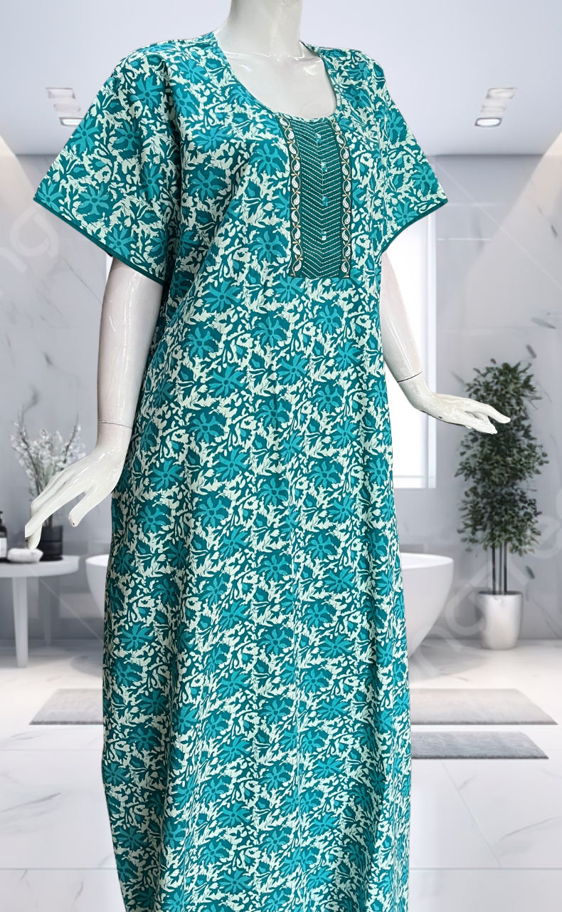 Sky Blue Garden Pure Cotton Nighty. Pure Durable Cotton | Laces and Frills