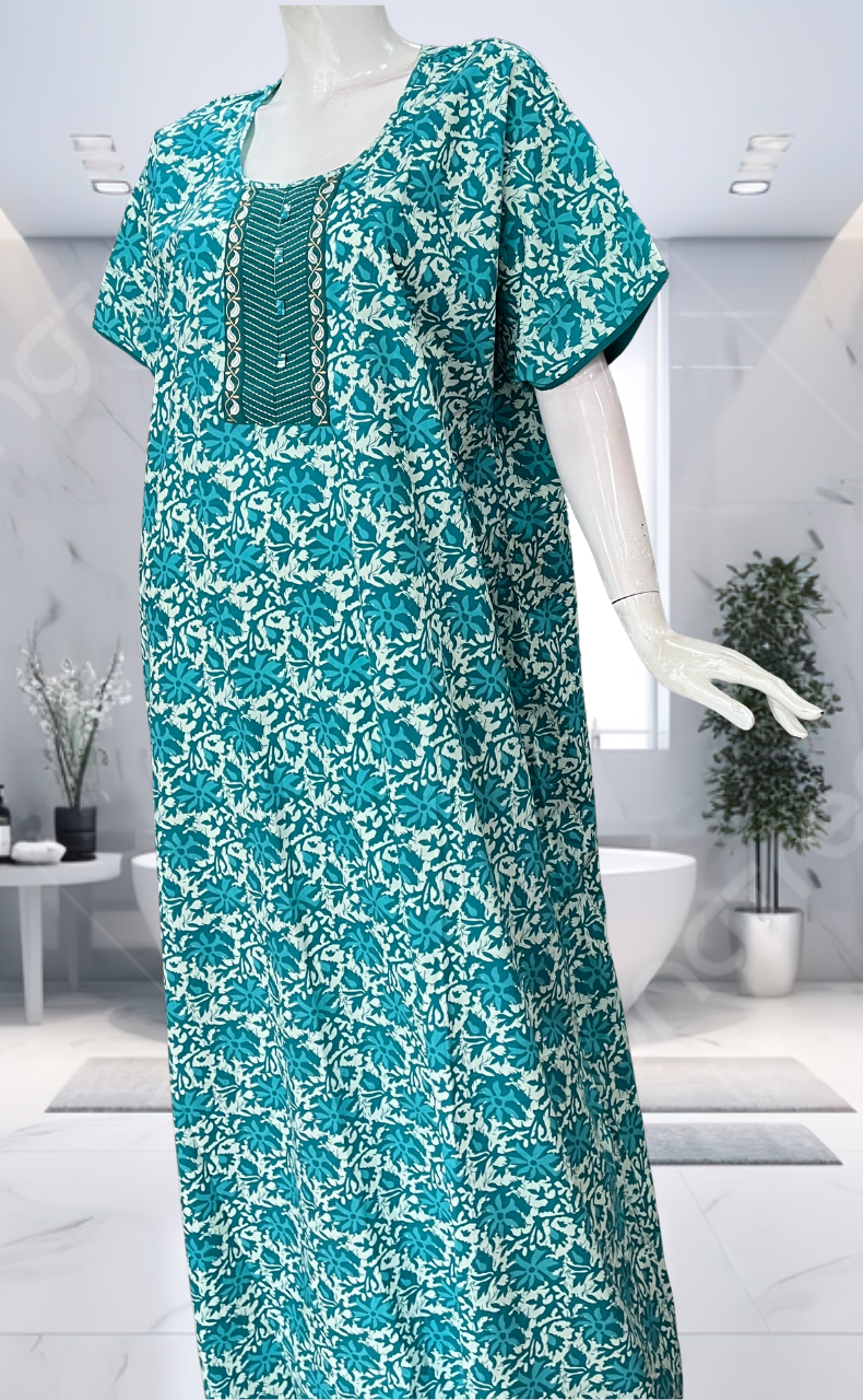 Sky Blue Garden Pure Cotton Nighty. Pure Durable Cotton | Laces and Frills