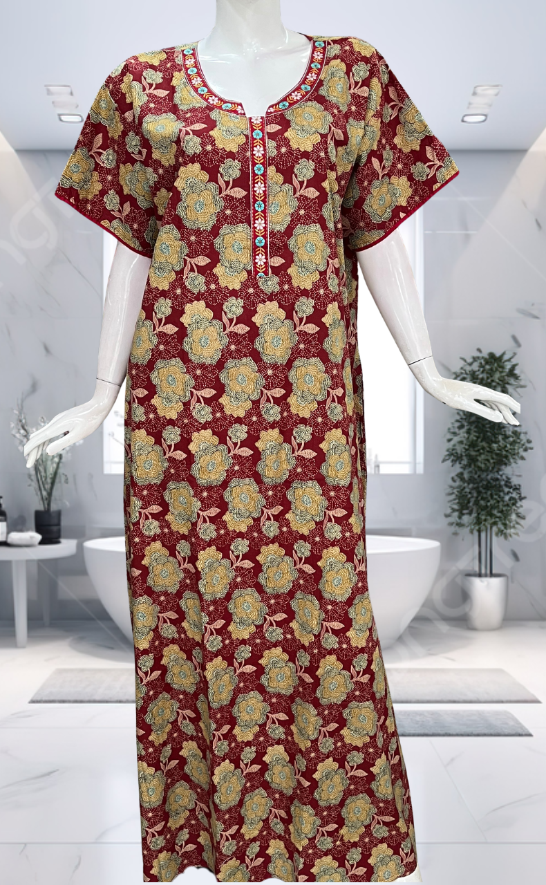 Maroon Garden Pure Cotton Nighty. Pure Durable Cotton | Laces and Frills