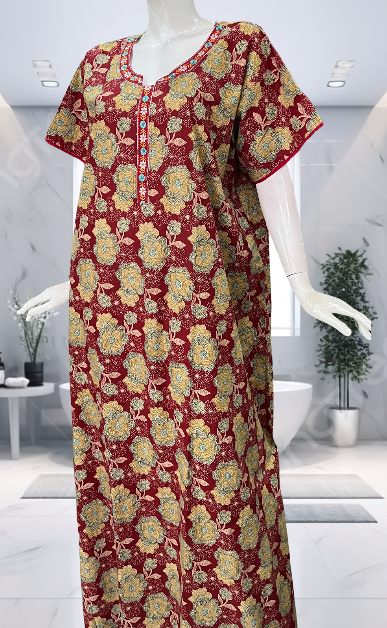 Maroon Garden Pure Cotton Nighty. Pure Durable Cotton | Laces and Frills