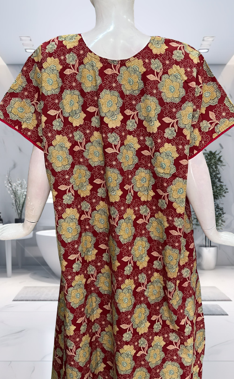 Maroon Garden Pure Cotton Nighty. Pure Durable Cotton | Laces and Frills