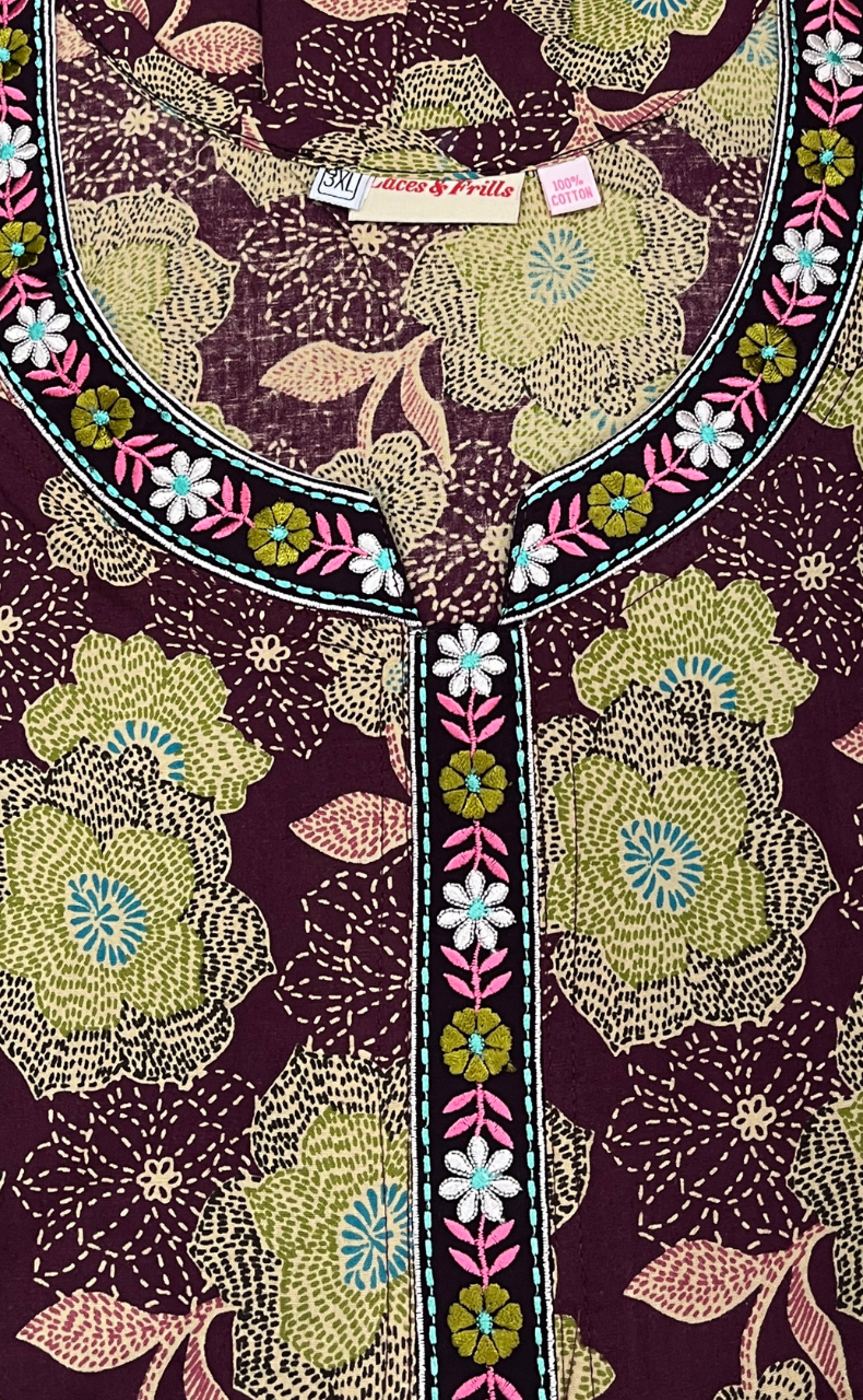 Wine Colour Garden Pure Cotton Nighty. Pure Durable Cotton | Laces and Frills - Laces and Frills