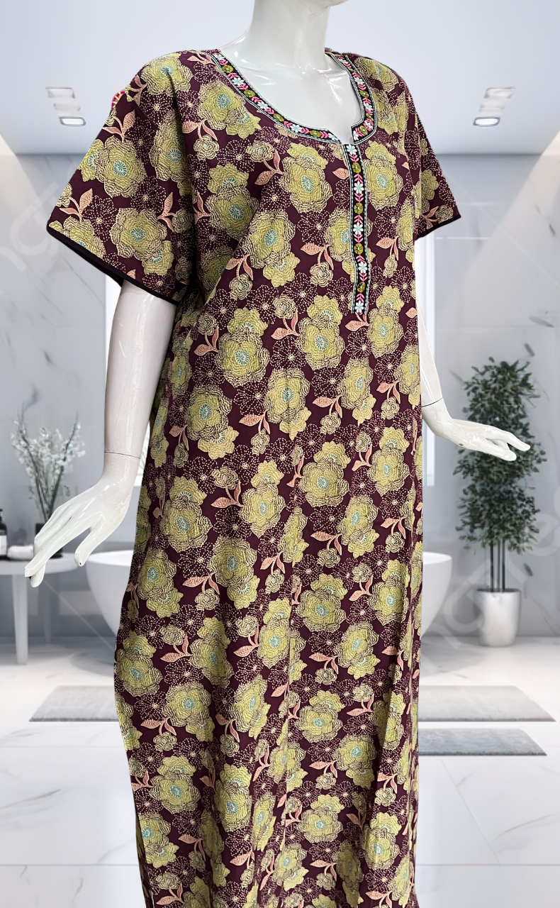 Wine Colour Garden Pure Cotton Nighty. Pure Durable Cotton | Laces and Frills - Laces and Frills