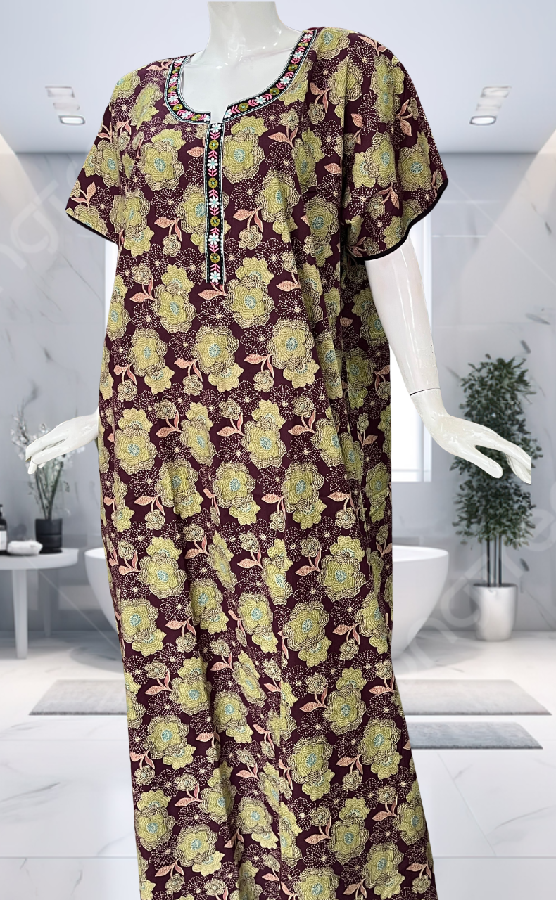 Wine Colour Garden Pure Cotton Nighty. Pure Durable Cotton | Laces and Frills - Laces and Frills