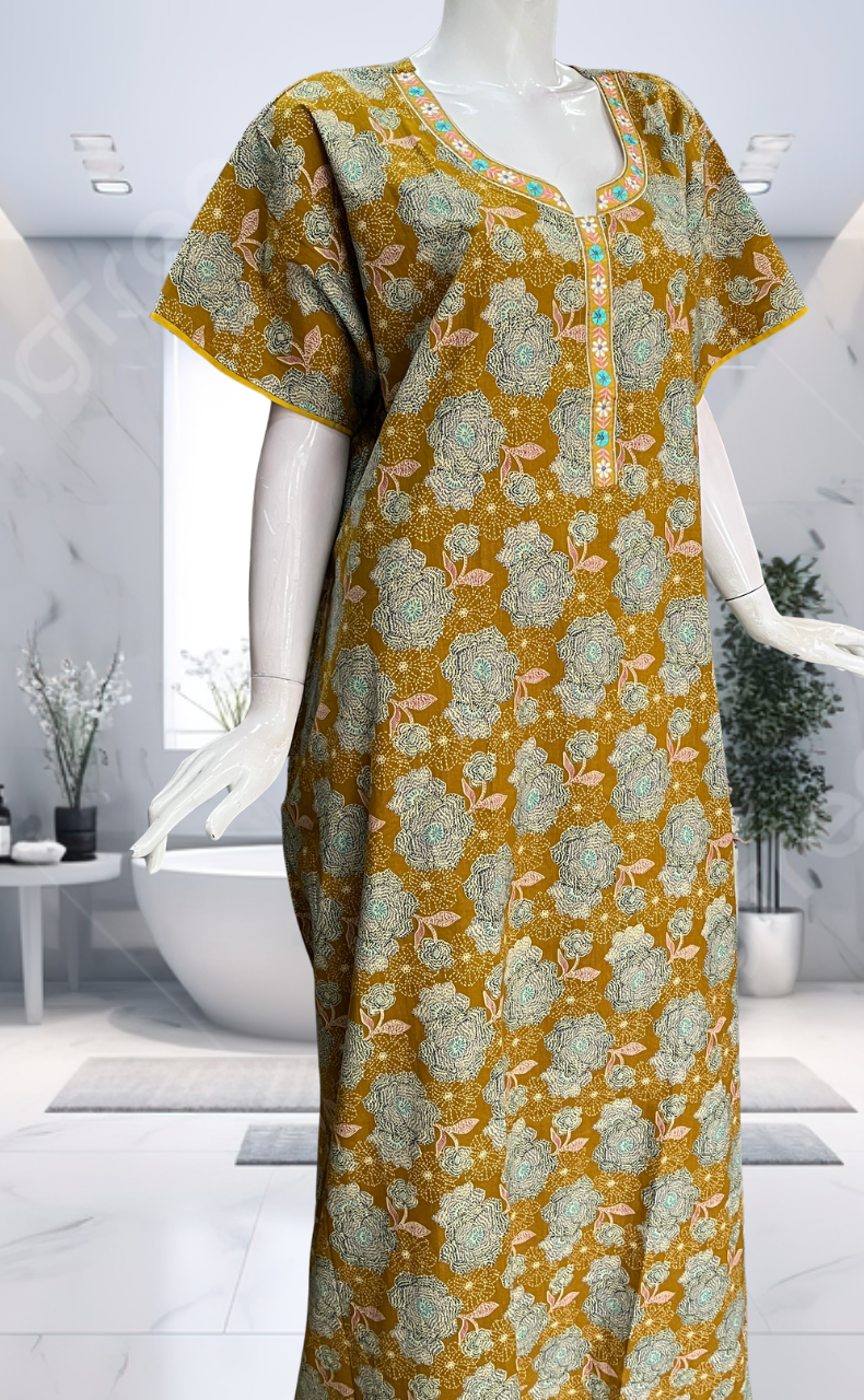 Yellow Garden Pure Cotton Nighty. Pure Durable Cotton | Laces and Frills