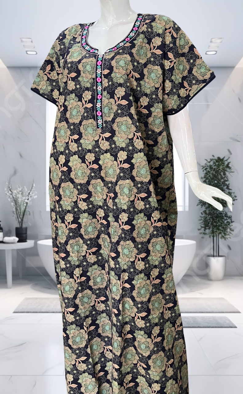 Navy Blue Garden Pure Cotton Nighty. Pure Durable Cotton | Laces and Frills